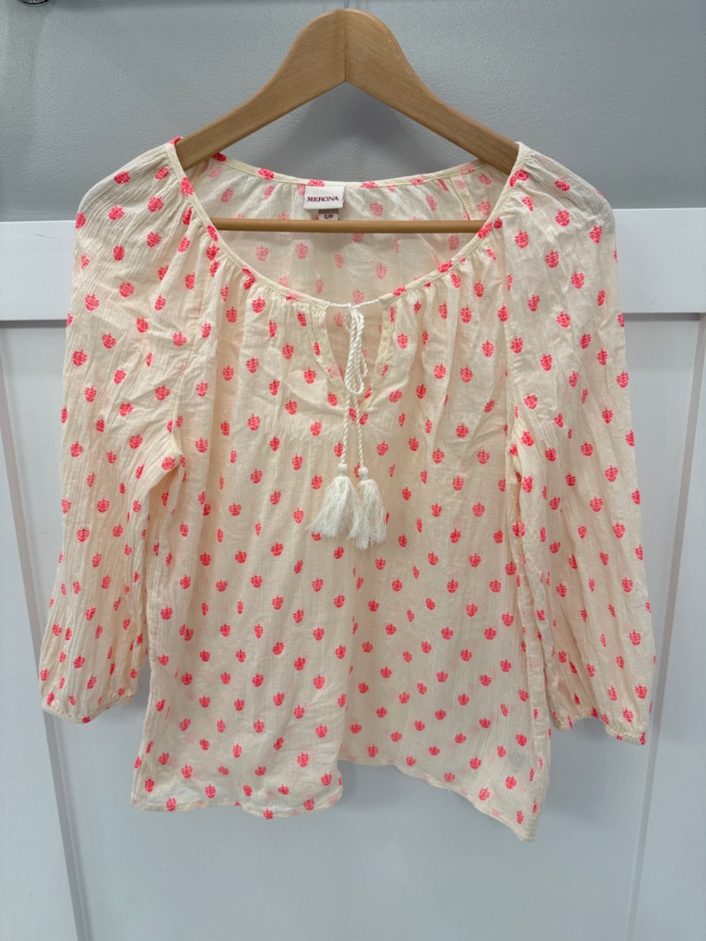 Merona Top with Classic Coral Pink Print and Tassel Tie 100% Cotton